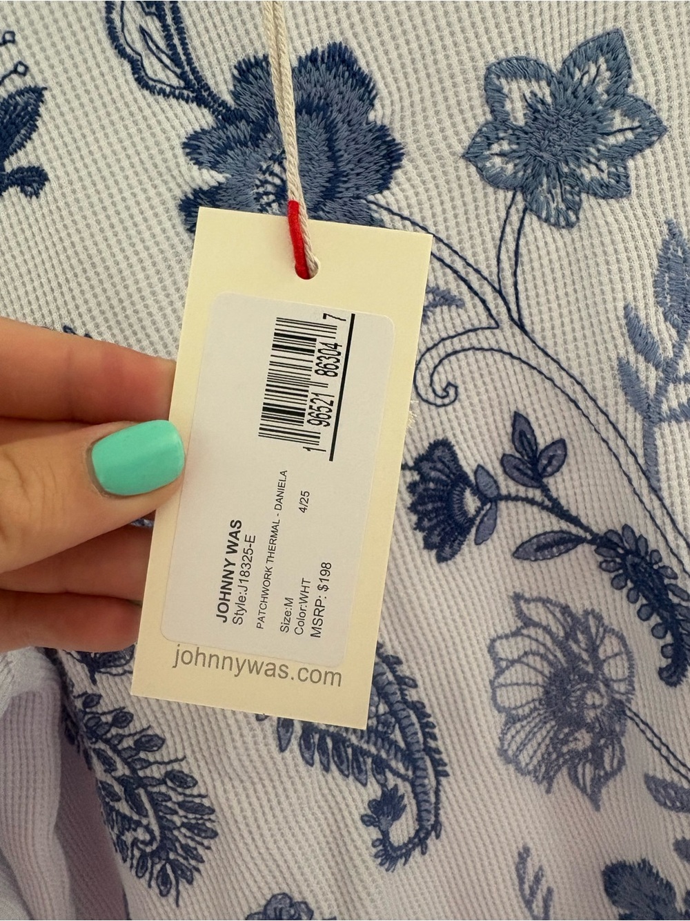 Johnny Was White Thermal Top with Blue Floral Embroidery - Picture 4 of 4